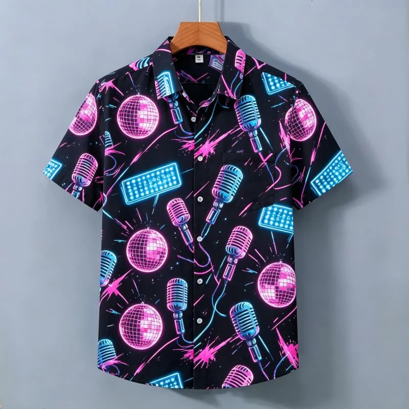 2026 Neon Printed shirt, Short Sleeved Shirt With pockets, Colorful Party Atmosphere top, Suitable For Daily Wear And Vacation