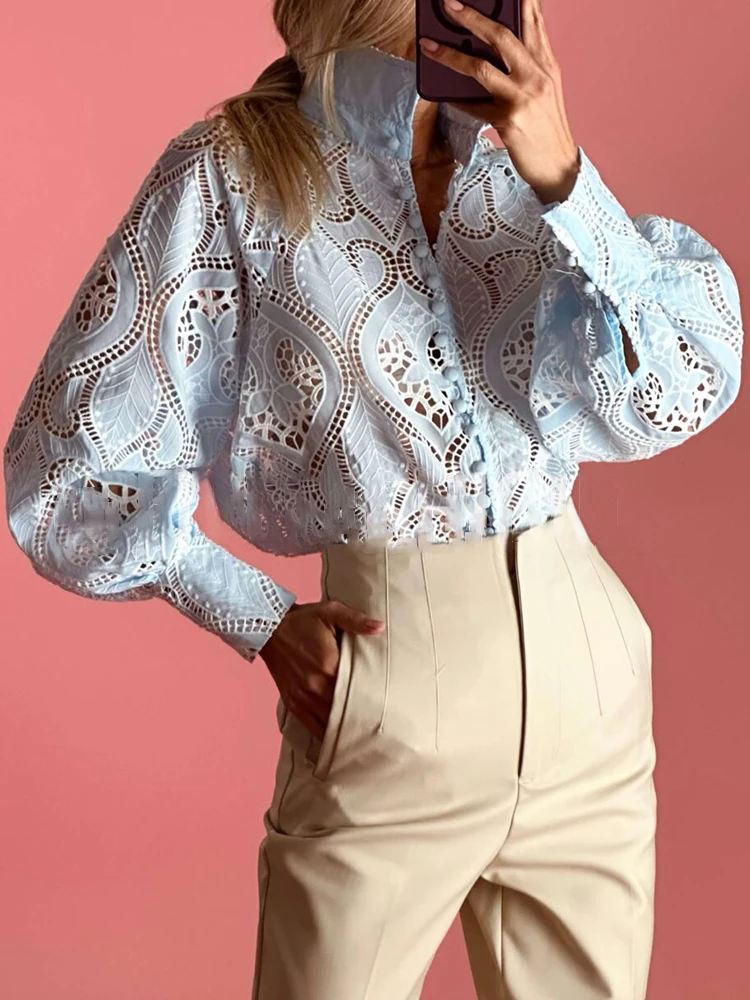 TWOTWINSTYLE Hollow Out Embroidery Chic Blouse For Women Lapel Lantern Sleeve Spliced Single Breasted Casual Shirts Female New