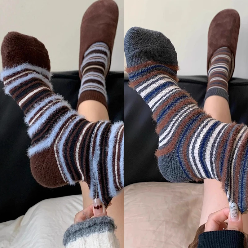 

New Style Striped Mid-Calf Casual Socks Women Autumn Winter Faux Fur Fluffy Socks Comfortable Soft Cotton Home Floor Stocking