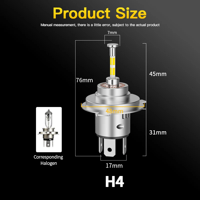1/2PCS No Error 360 4-Sided H7 Led Canbus Car Headlights Bulb H4 HB2 9003 Automotive Fog Lights Turbo Mini HeadLamp White 6000K