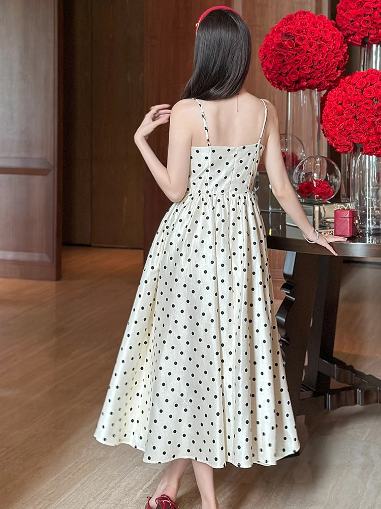 Abito da sera dolce ed elegante per le donne Celebrity Polka Dot Strap Swing Robe Party Prom Abiti Mujer Nightclub Abito a pieghe Lady