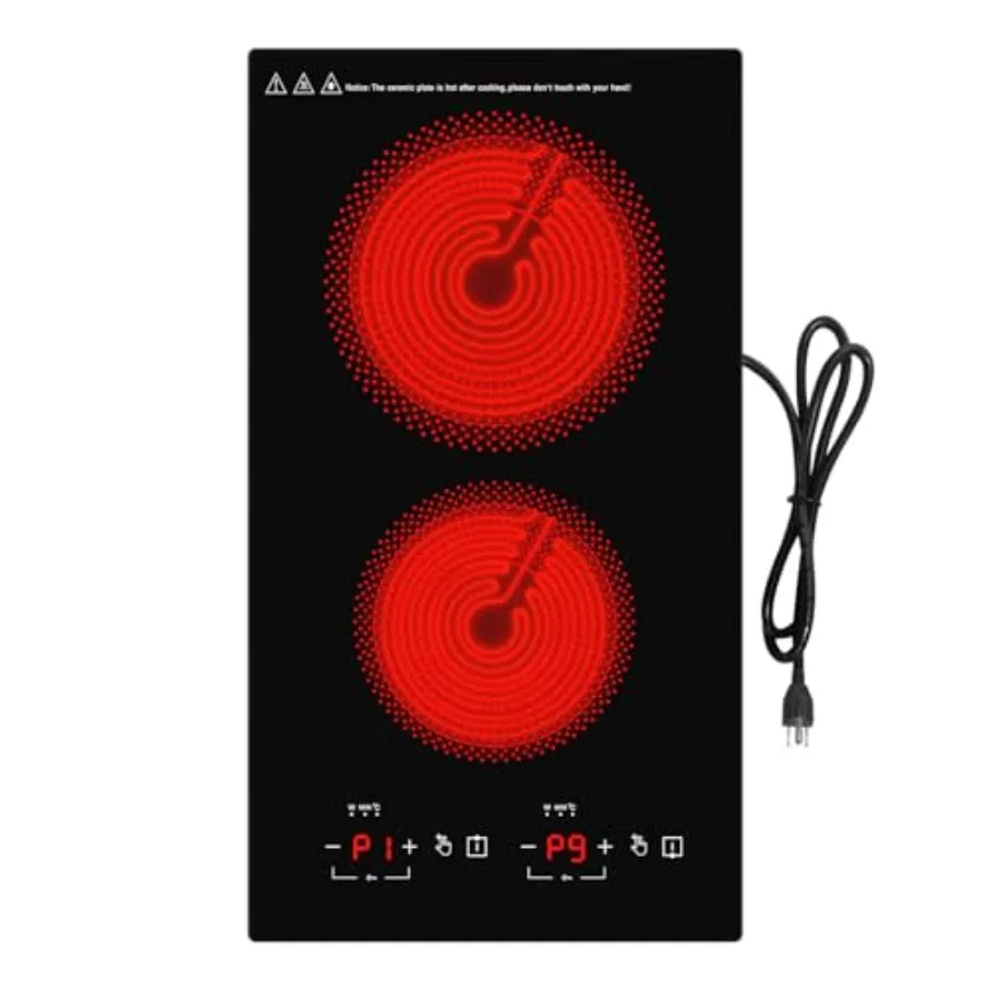 Electric cooktop for kitchen countertop and built-in use stainless steel black 2100W dual burners with 20 temperature settings
