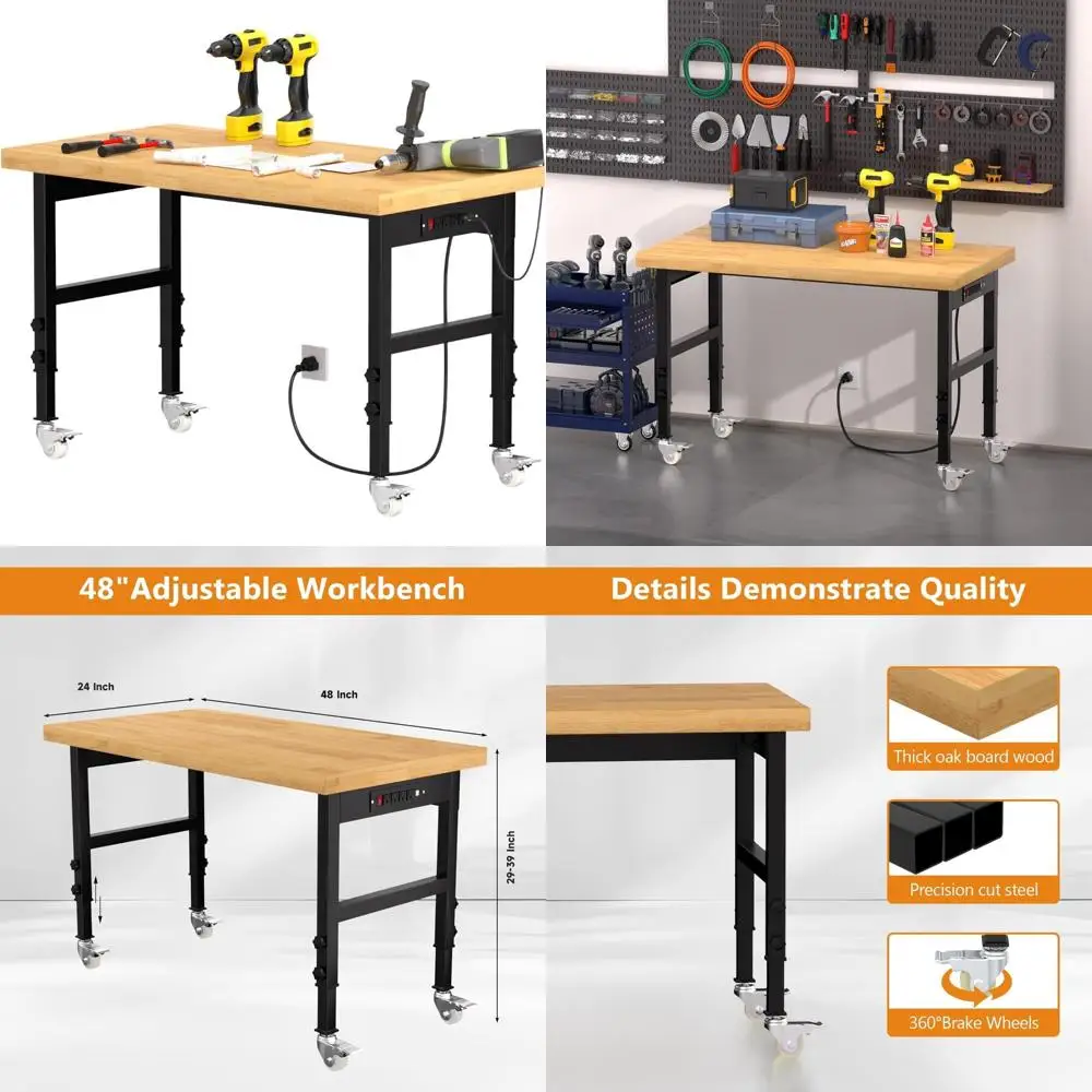 Heavy-Duty Adjustable Height Solid Wood Workbench with Wheels and Power Outlets, 2000 LB Capacity for Industrial Use
