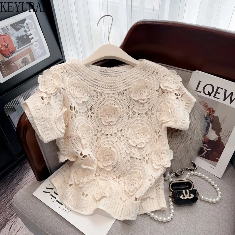 Summer Sweet Three-dimensional Flower Hollow Out Crochet Sweater Women\'s Vintage Chic O-Neck Short Sleeve Pullover Knitted Tops