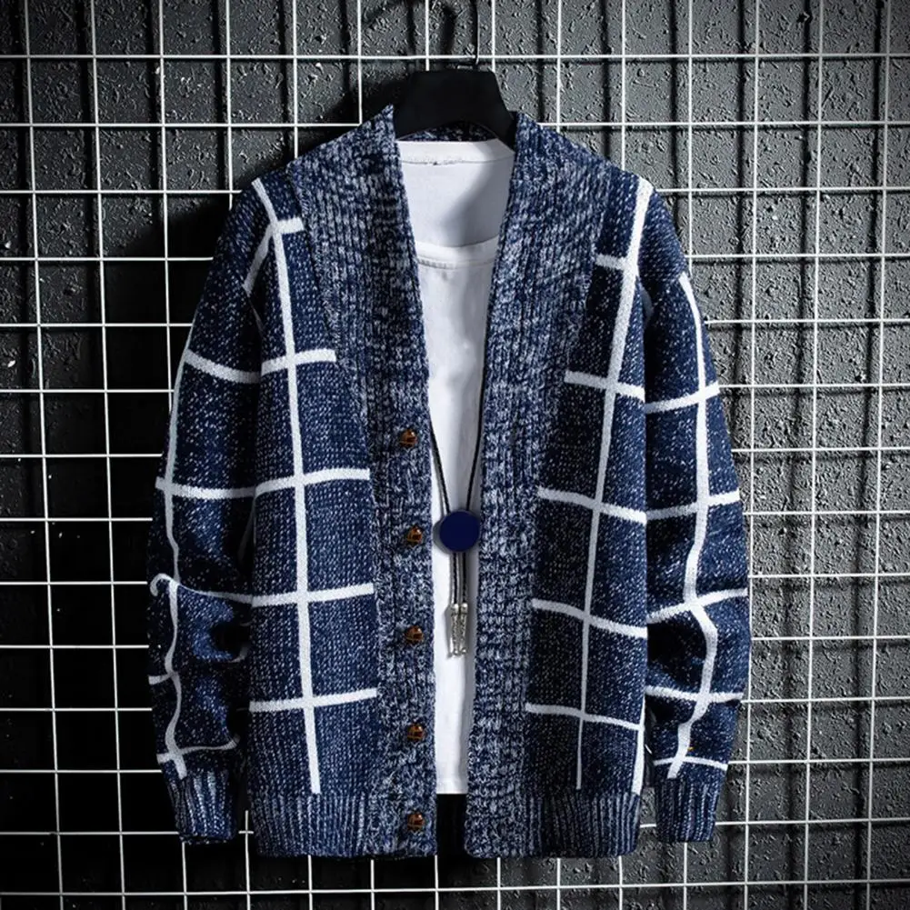 Men's Plaid Cardigan Sweater Relaxed Fit Thickened Loose Trendy Knitted Autumn Coat with Ribbed Cuffs