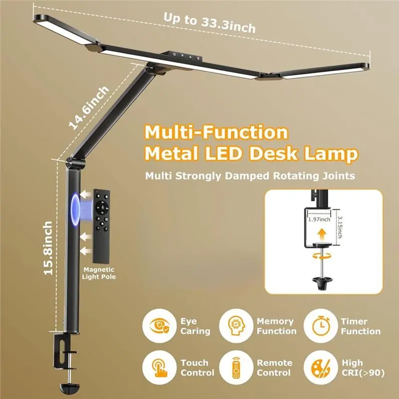 M12K-LED Desk Lamp With Clamp, Architect Desk Lamp With Remote, 24W Ultra-Bright Desk Light With Stepless Dimming