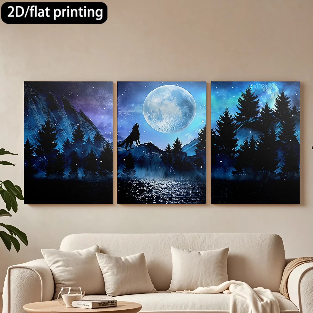 

2D плоская печать, 3-х частная декоративная картина на холсте в деревянной раме: Волк, возвещающий о дикой природе, полная луна. Декор для коридора и спальни.