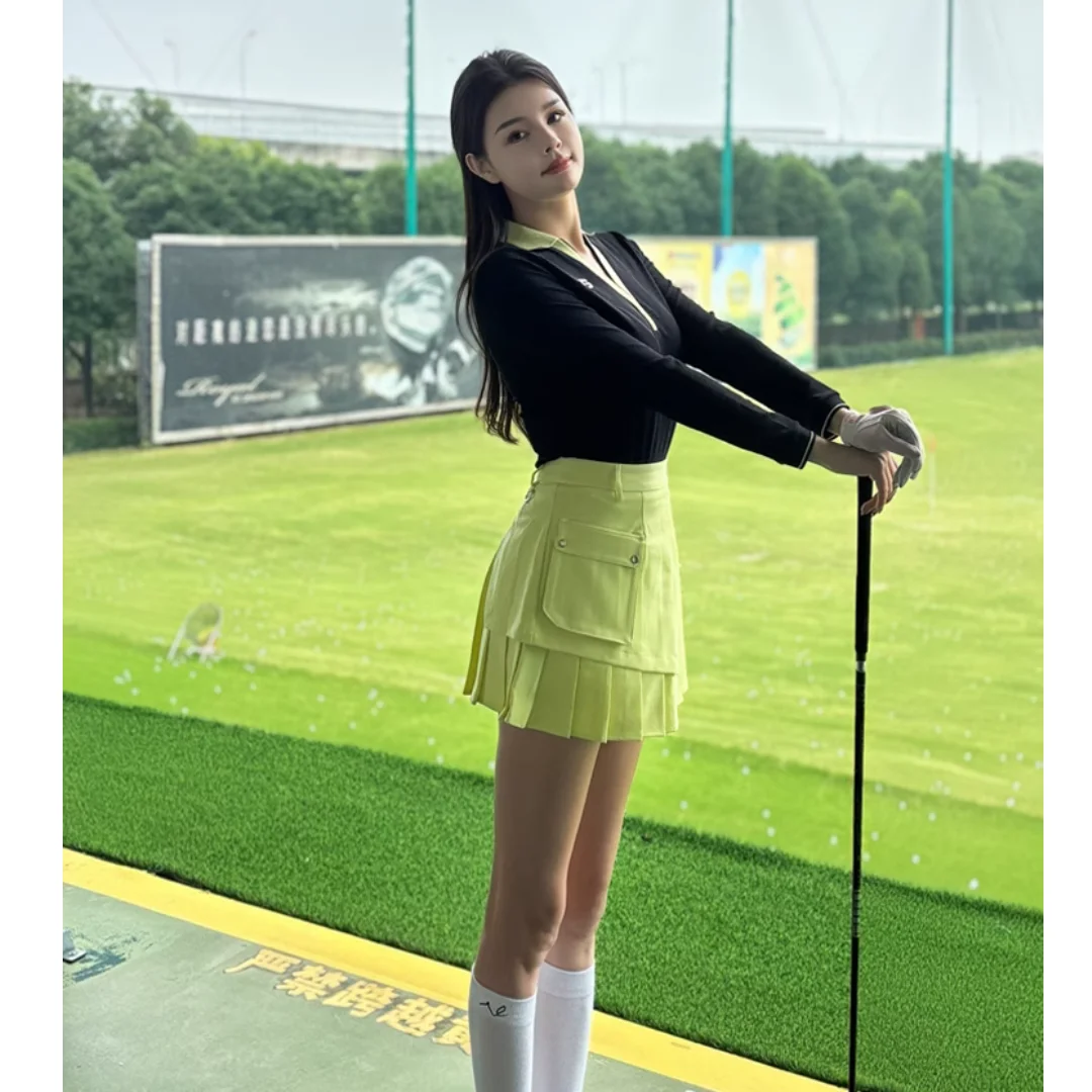 Golf clothing women\'s autumn and winter polo shirt long sleeved T-shirt slim fit and slimming V-neck top pleated short skirt set
