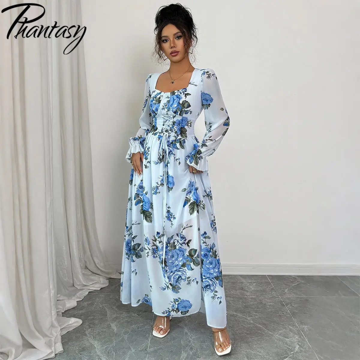 Fantasma estilo francês vestido moda u-pescoço manga comprida simples flor impressão sexy feminino vestido de dupla camada roupas femininas