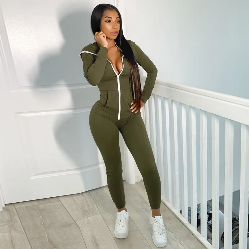 BKLD Autumn And Winter 2024 New Women Clothes Solid Color Zipper Hooded Fleece Thickened Jumpsuit Long Sleeve One Pieces Outfits