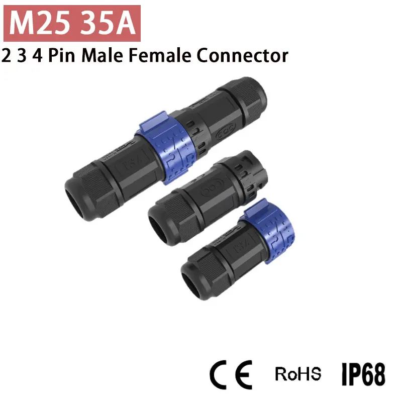 Waterproof M25 35A Self-locking Quick Cable Plug 2 3 4 Pin Male Female Soldering/Screw Wire Connector CE TUV Certified IP67