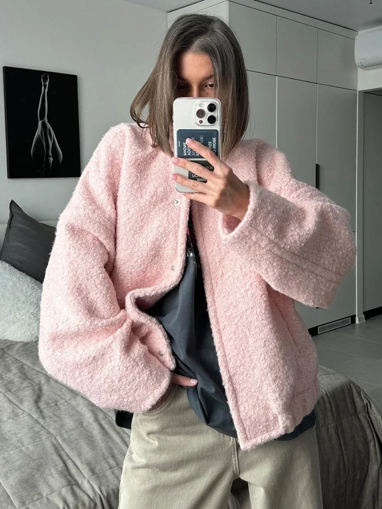 Sweet Pink Short Fur Jackets Coats For Women Casual Stand Collar Pocket Long Sleeve Jacket Tops Fashion Chic Loose Lady Outfits