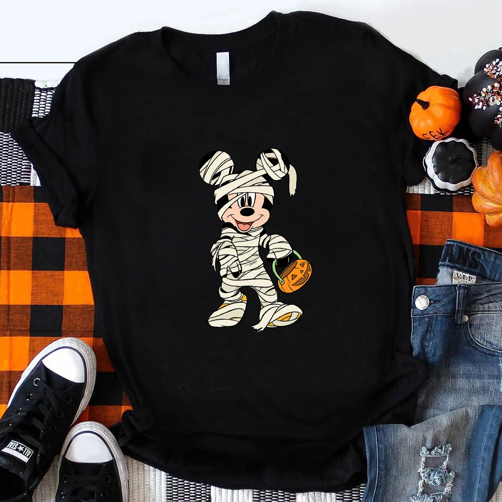 Disney T Shirt for Women Funny Mickey and Minnie Mummy Print t-shirt Trick or Treat Fashion Halloween Cute Clothes Streetwear