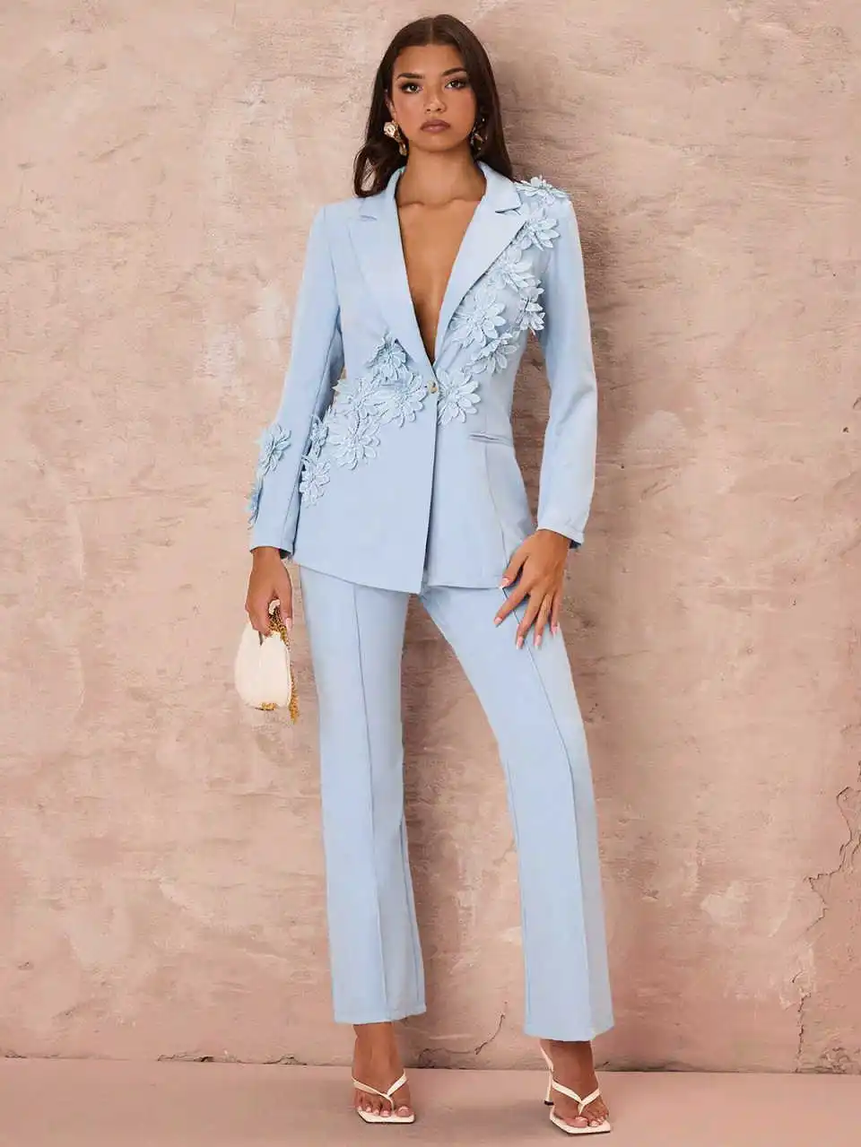Elegant Floral Appliques Women Suits Wide Leg Pants Plus Size Blazer Fashion Full Sleeve Suit Customized Prom Party Outfits
