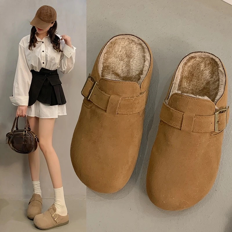 Winter Baotou Fluffy Semi-slippers Women Wear 2025 New Slip-on Velvet Soft-soled Non-slip Cotton Shoes
