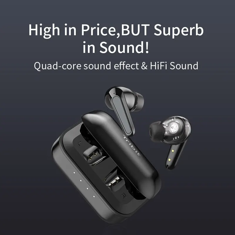 Tribit TWS earbud Bluetooth nirkabel, earphone Bluetooth 5.0 suara HiFi waktu putar 36 jam peredam kebisingan, Headphone FlyBuds 5