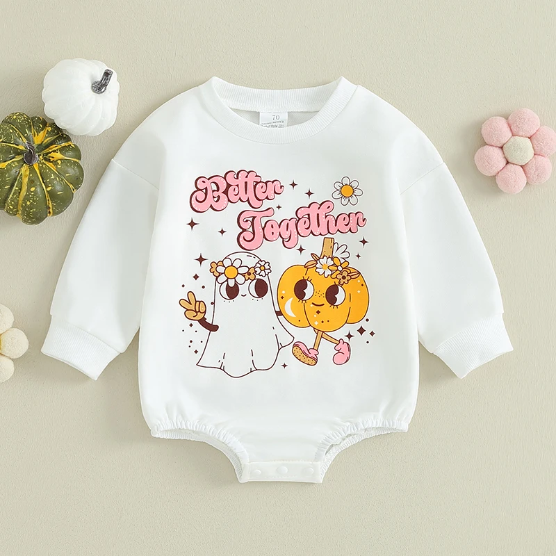 Newborn Baby Sweatshiry Romper Halloween Ghost Pumpkin Print Long Sleeve Bodysuit Fall Outfits For Infant 0-24Months