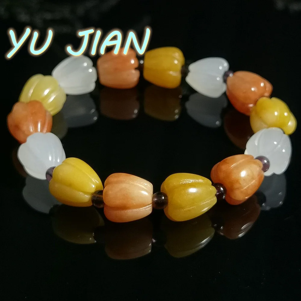 Natural Hetian Jade Bangles Golden Silk-Jade Jasper Red Yellow White Pepper Beads Bracelet Jadeite Handring Stylish Fine Jewelry