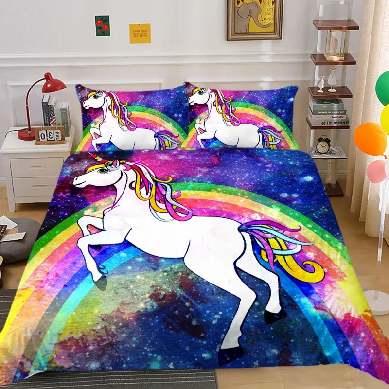 Cute Unicorn Bedding Set 3D Print Rainbow unicorn Girl Duvet Cover Pillowcase Multi Size Bedding Decoration, Machine Washabl