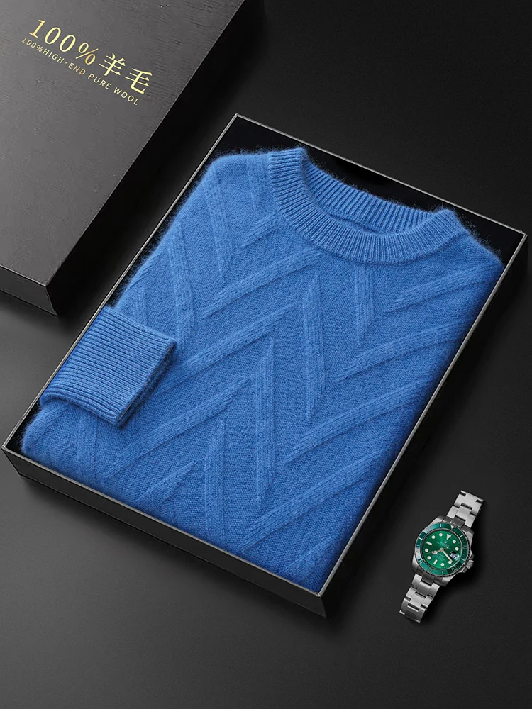 100% Merino Wool Men's Round-neck Pullover Thickened Autumn Winter Featuring A Herringbone Pattern Cashmere Knitted Sweater