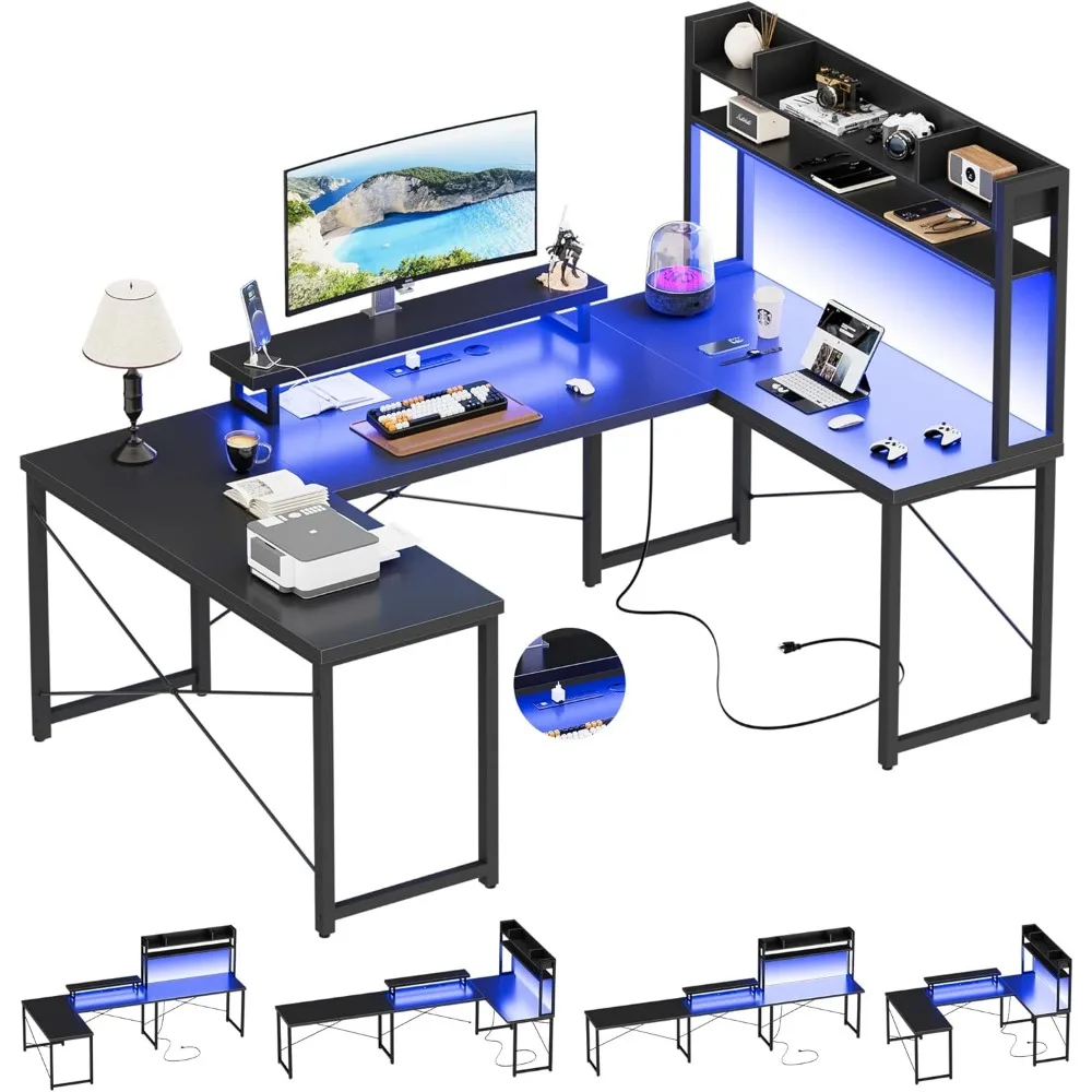 

Large U Shaped Computer Desk with Hutch, Customizable Reversible L Shaped Office Desk with Power Outlets & LED Lights, C