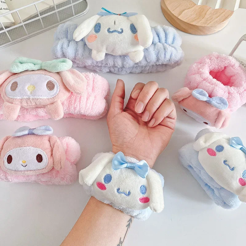 Sanrios Cinnamoroll Kuromi Mymelody kawaii Cartoon face wash wristband Hair Band Anime Plush Cuffs Sports Sweat Bracelet Sleeves