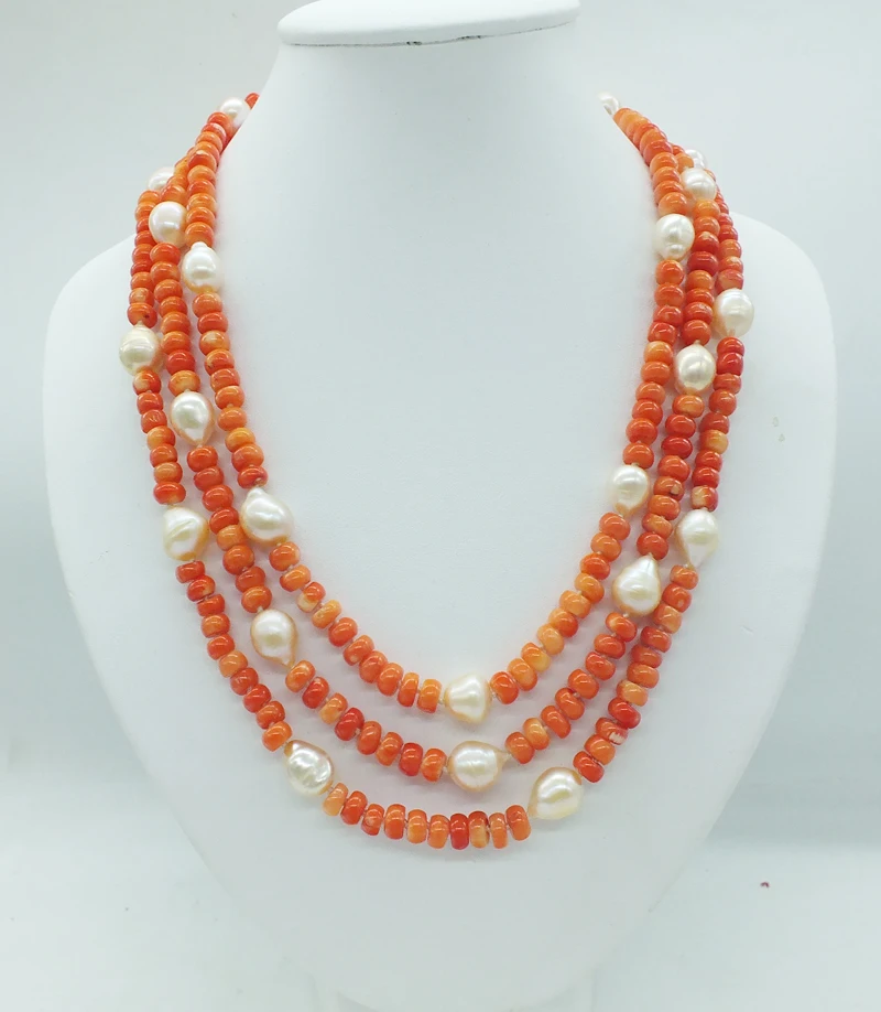 rare! the last one! 3 rows of natural orange coral and natural pearl necklace, the most classic bridal wedding necklace  18-22