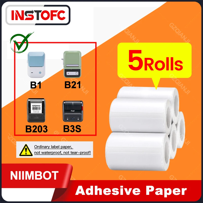 5rolls Thermal Paper Sticker Tear-Resistant Price Tag White Adhesive Tape for NIIMBOT B1 B21 Label Printer Kitchen Storage