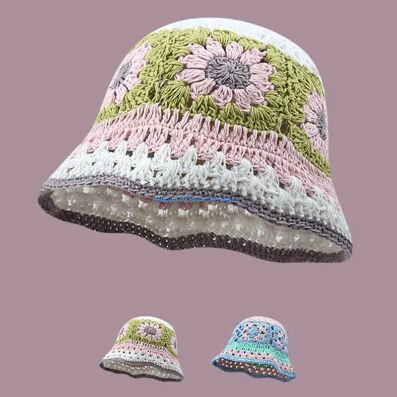 P88B الكبار زهرة الكروشيه قبعة دلو قبعة طوي واسعة حافة صياد قبعة تنفس