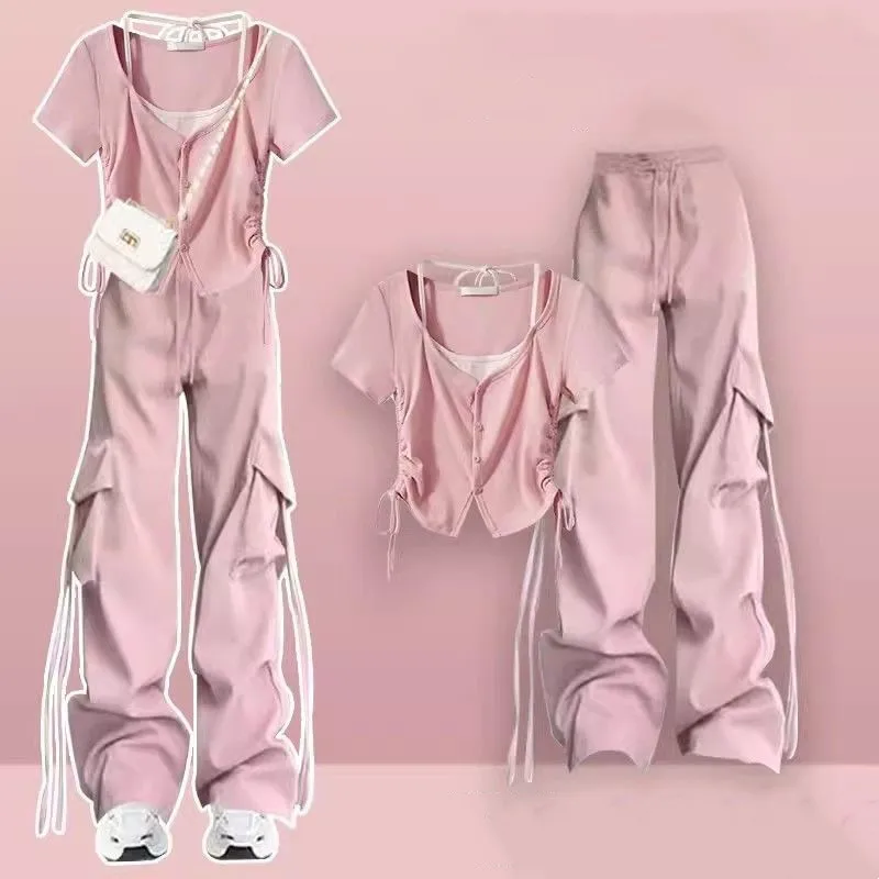 Summer Korean version new women's loose design short T-shirt+fashionable wide leg pants two-piece set