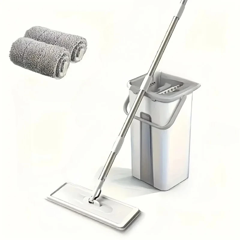 Hands‑Free Flat Mop & Bucket Set with 2 Reusable Microfiber Pads, 360° Swivel Head, Long Handle for Floor & Wall Cleaning