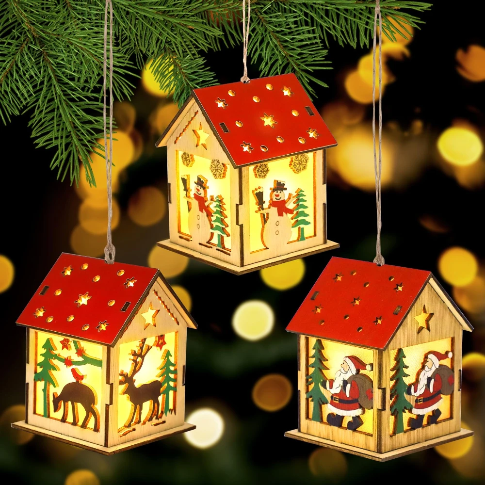 1 Pieces Wooden Christmas Houses Bright Village Decorations and Gifts Tree Decor Holiday Luminous Wooden Pendant New Year Gifts