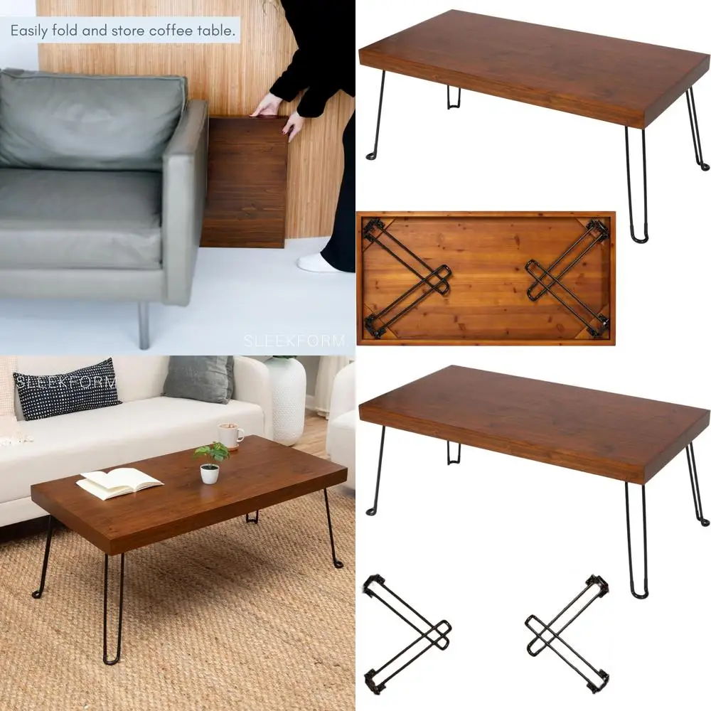

Compact Walnut Folding Coffee Table - 20x40 Mini Desk with Hairpin Legs for Small Spaces