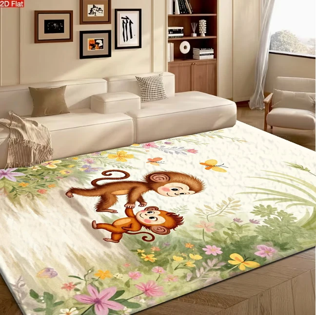 Watercolor Monkey Animal Floral Carpet Flooring Nature Scenery Printed Area Rug for Living Room Home Art Decor