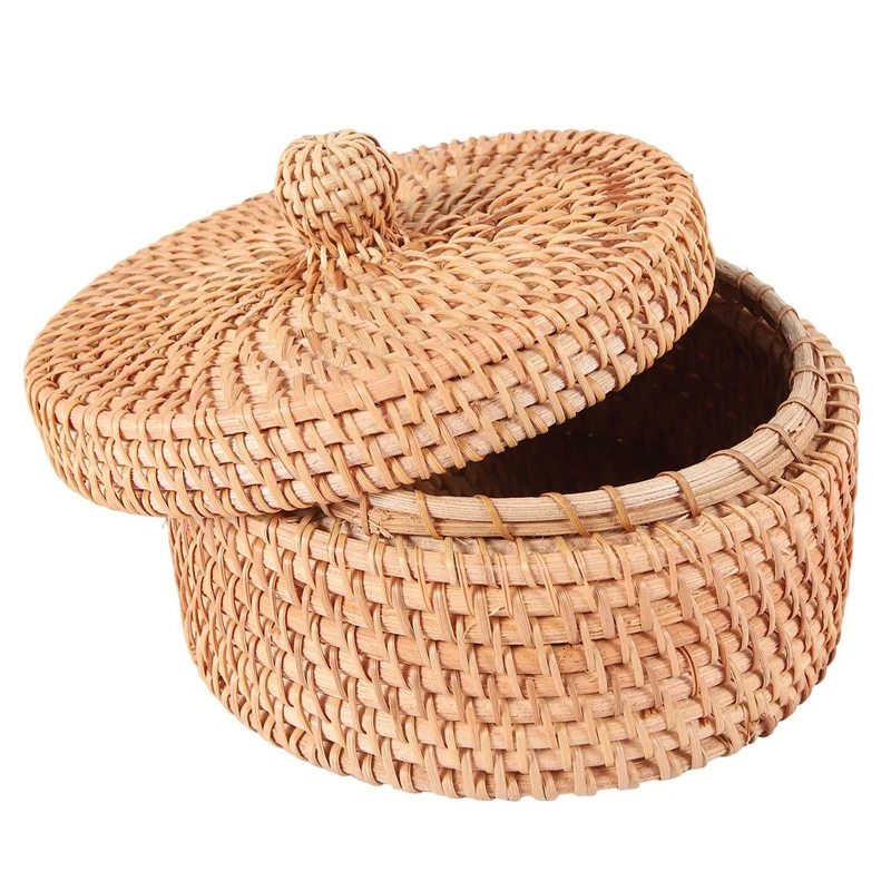 

Handwoven Rattan Storage Box With Lid Wicker Tea Food Container Picnic Bread Fruit Cake Basket Kitchen Organizer