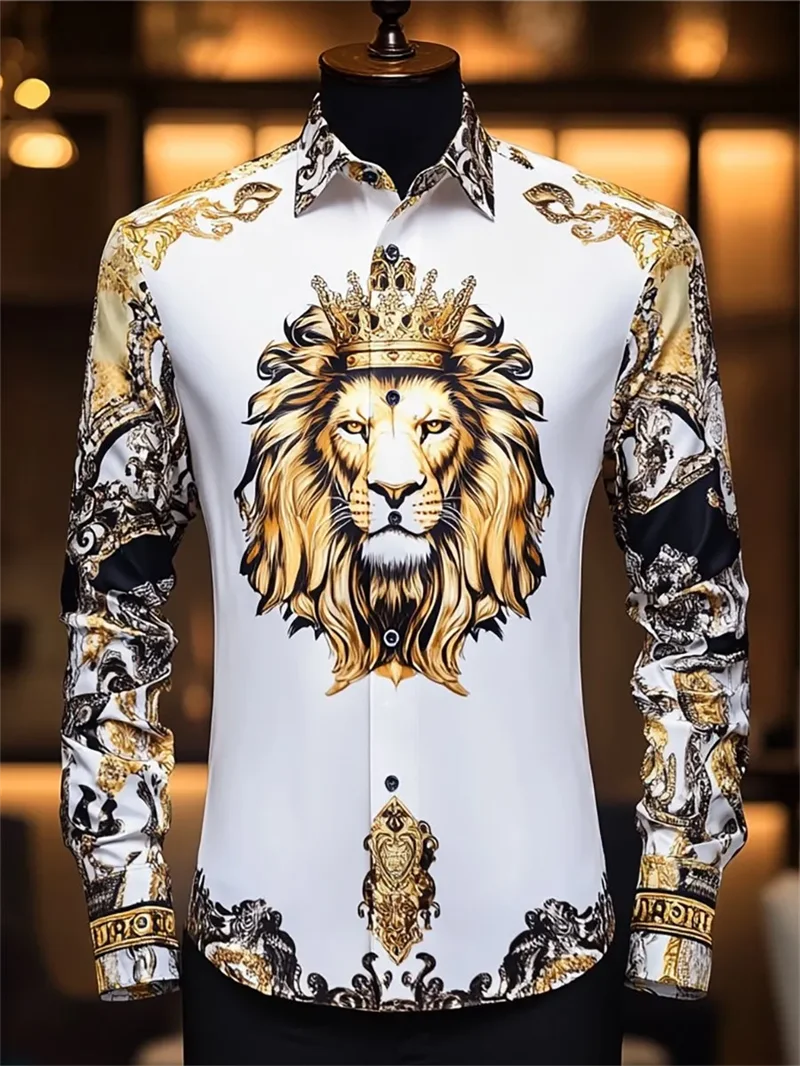 New men's Long Sleeved Shirt With Gold 3D Eagle Printing Technology  Fashionable Pattern  Luxurious Shirt Style