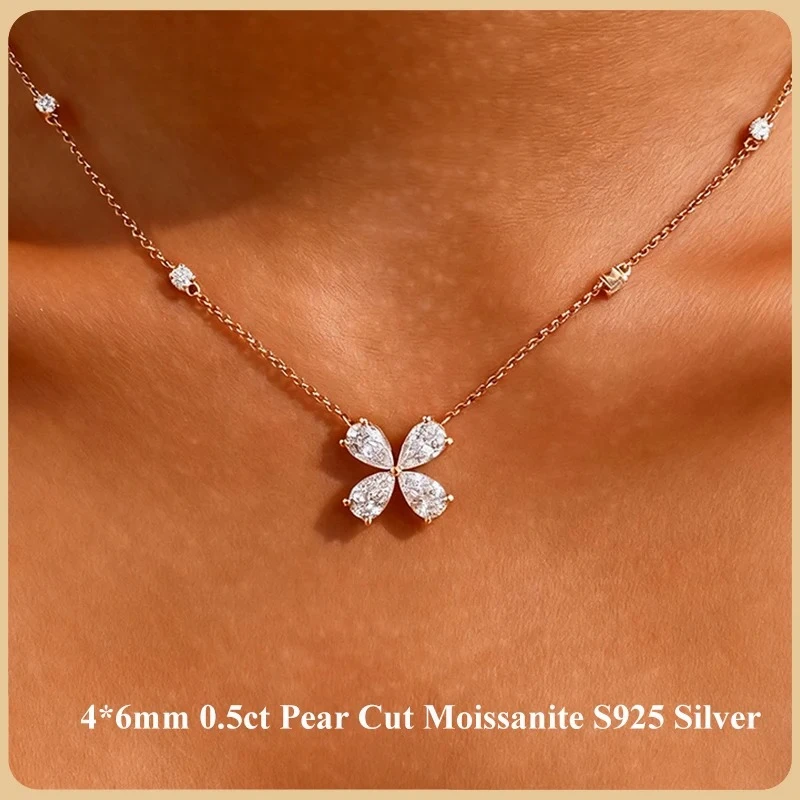 Pendant Necklace Woman All Diamond 925 Silver Dainty Stacking Party Neck Chain Clover Shape 0.5CT Pear Cut Moissanite Party Gift