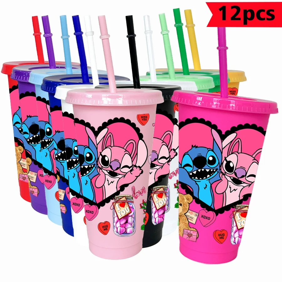 

12 шт./упак. Disney Stitch Angel 26 унций цветной пластиковый стакан для дня рождения, питьевая посуда, кружка для сока, кофе