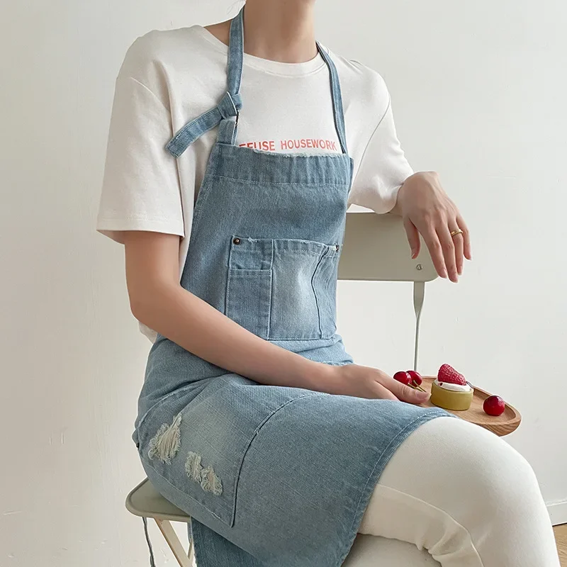 Blue Denim Simple Aprons Uniform Unisex Jeans Aprons Men Lady Chef Kitchen Cooking Apron Beauty Nails Cafe Uniform