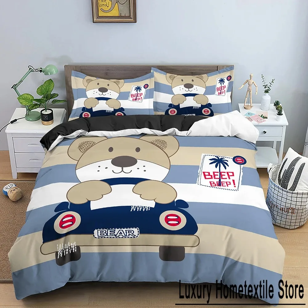 3D Print Cartoon Bear And Car Bedding Set Boys Girls Twin Queen Size Duvet Cover Pillowcase Bed Kids Adult Home Textiles