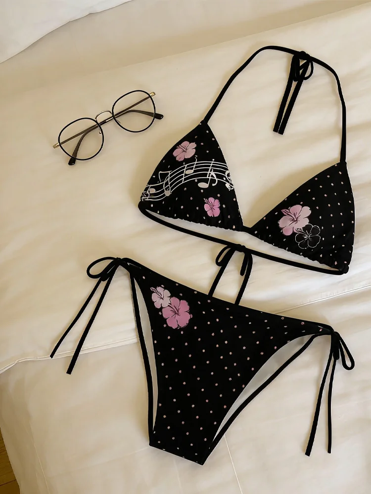 

Beach vacation style French fashion Fusang flower y2k millennium style black classic versatile casual summer new bikini