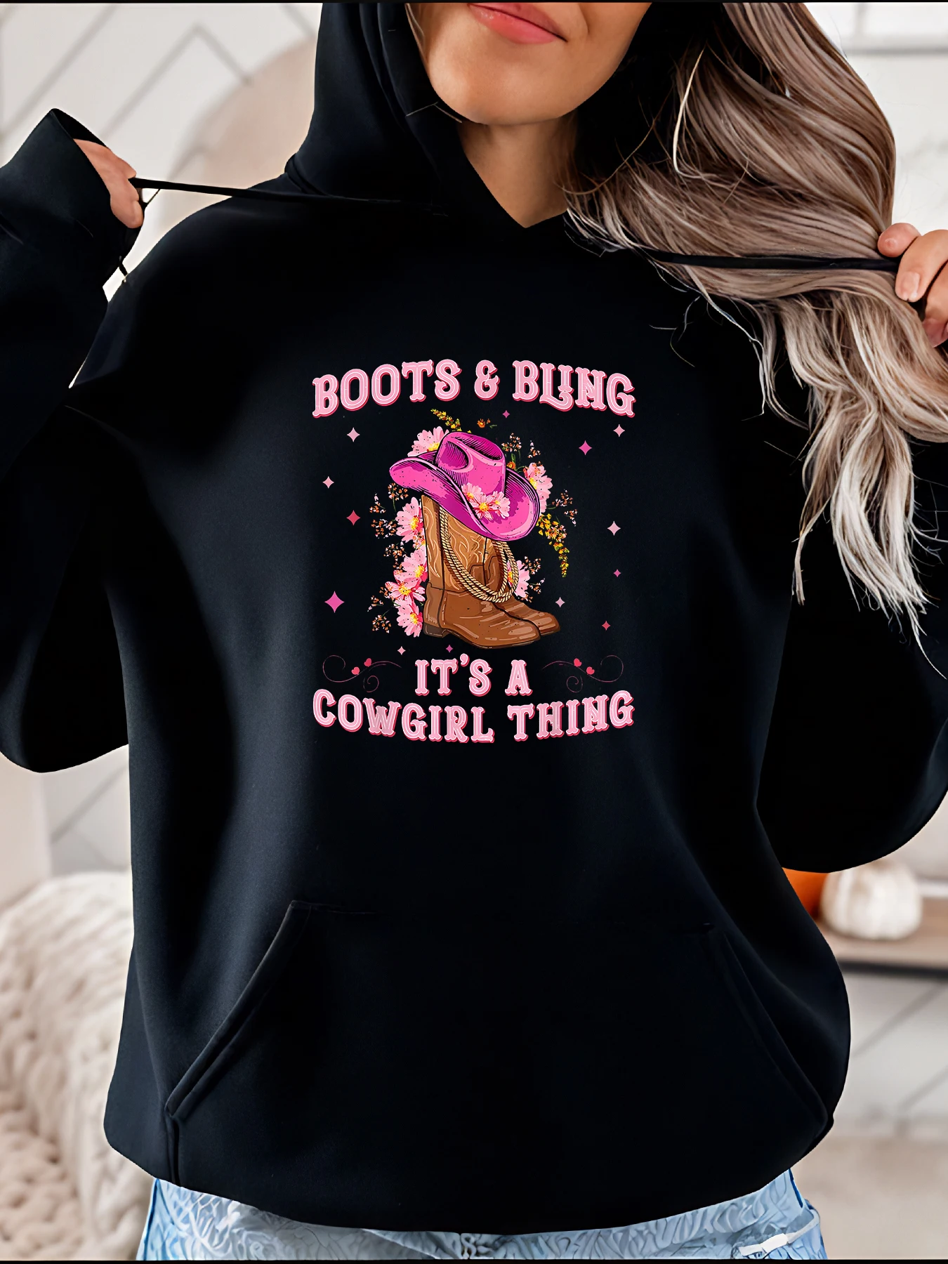 Botas con capucha de vaquera y sombrero rosa brillante con estampado floral, sudadera informal para mujer, estilo occidental campestre para mujer