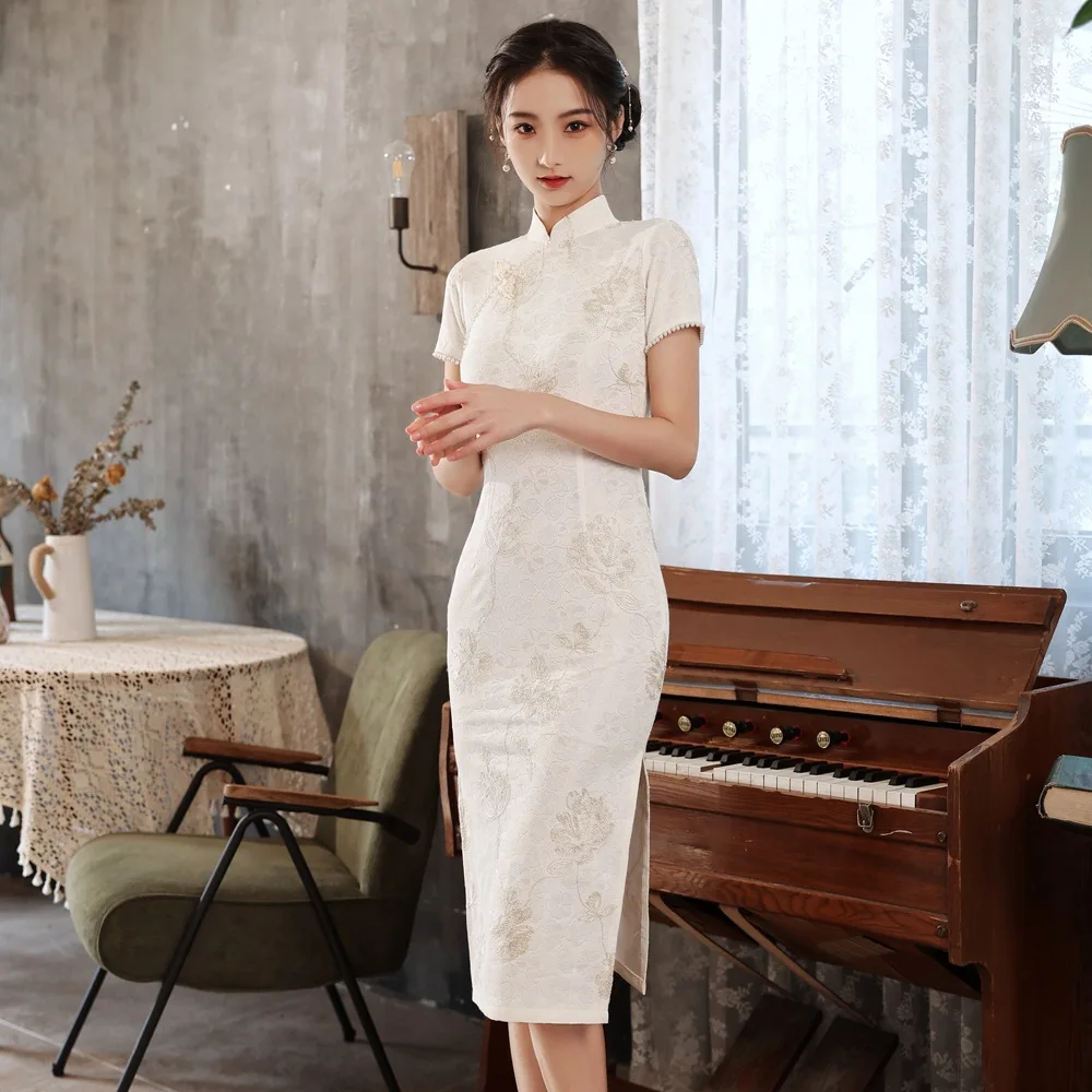 

Vintgae Mandarin Collar Lace Flower Cheongsam Classic Elegant White Female Qipao Sexy Split Vestidos Traditional Chinese Dress