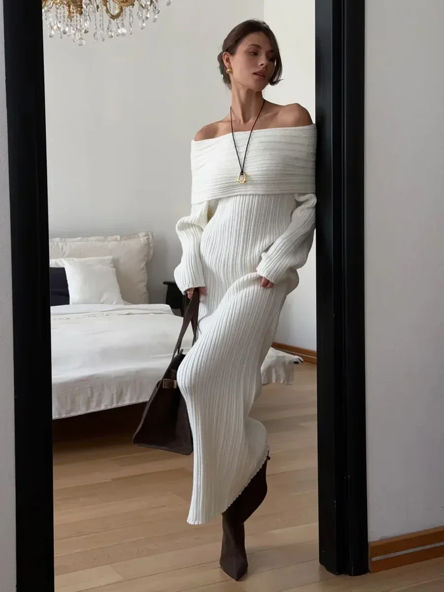 

Women's Sexy New Autumn Winter Fashion Knit Dress Long Sleeve Slim Fit One Shoulder Bodycon Knit Sweater Dress