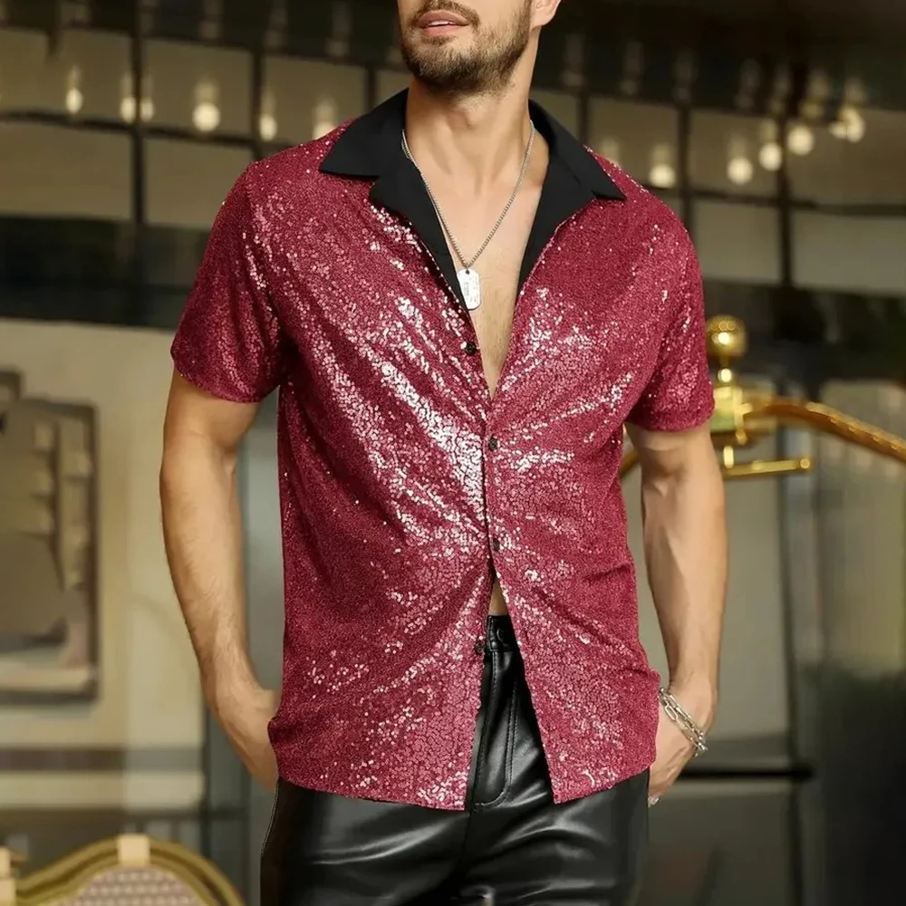 

Men's Contrast Sequined Short-Sleeved Shirt American Retro Party Disco Fashion Trend Loose Casual Niche Summer New Men's Tops