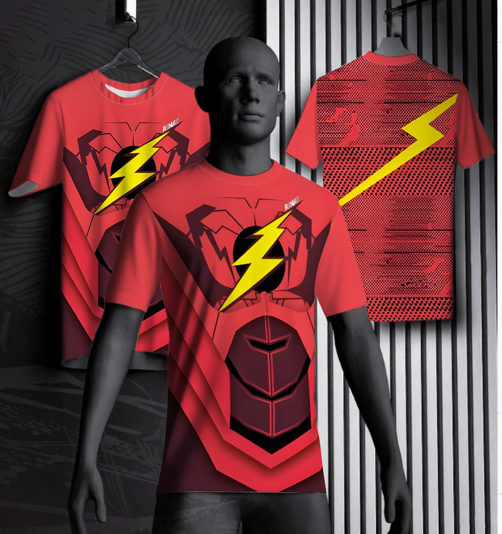 

Marvel Superhero Yellow Lightning Symbol Armor Design Speed And Power Cool Halloween Role-Playing Round Neck Sports T-Shirt