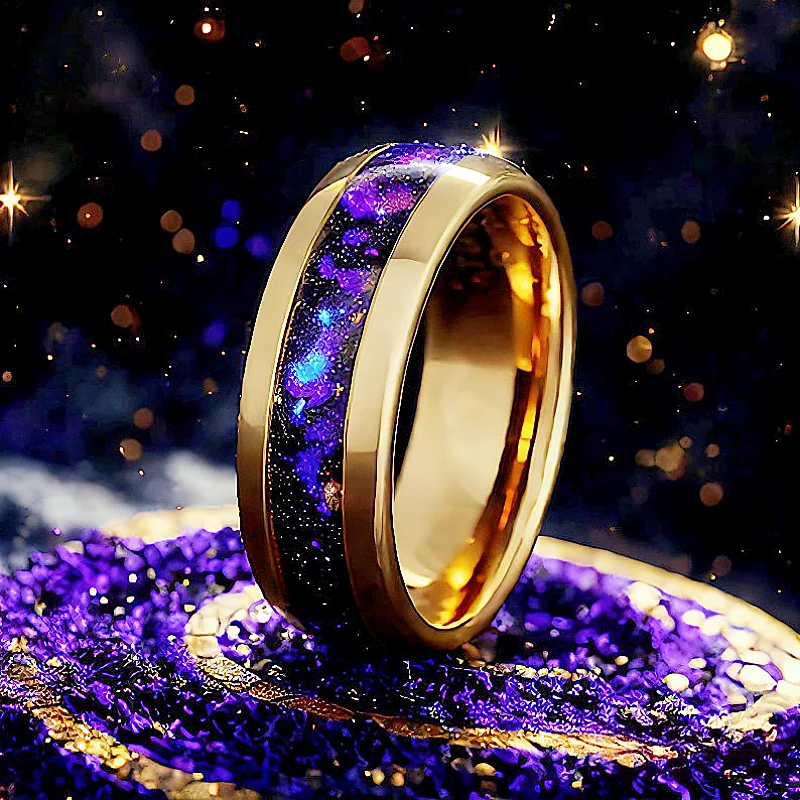 Anillo dorado de nebulosa de Orión, anillo espacial de 8mm, anillo de acero inoxidable a la moda para hombre, ajuste cómodo, regalo de boda de aniversario