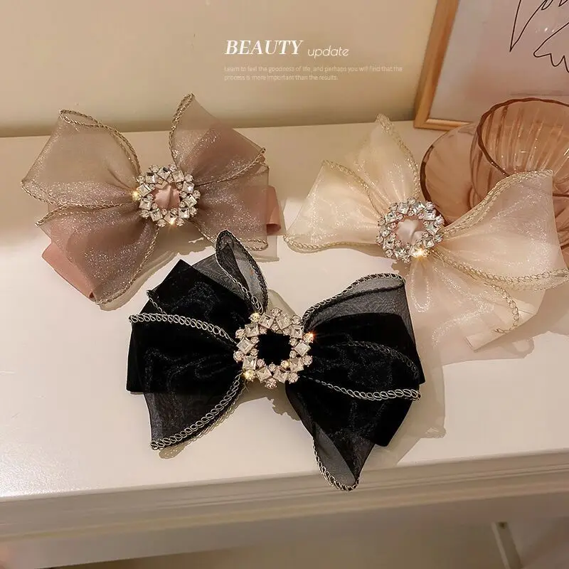 머리핀 Rhinestone Claw Clip Hair Bow Large Chiffon Bow Black Fabric Ribbon Flower Rose Claw Jaw Clamps Clips Accessories for Women