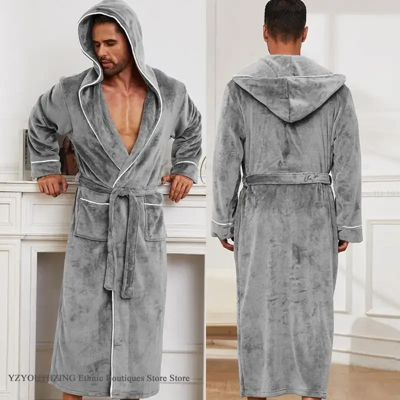 

Thicken Flannel Hooded Long Robe Men's Sleepwear Autumn Winter New Bathrobe Kimno Gown Home Clothes Warm Coral Fleece Loungewear