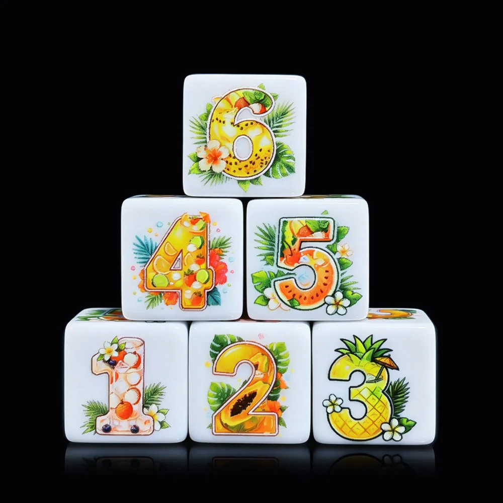 12 Stück bedruckte Würfel mit tropischen Früchten, D6, 16 mm, weißes Acryl, sechsseitige Würfel mit Ananas-, Wassermelonen-, Papaya- und Orangenmuster für RPG DND